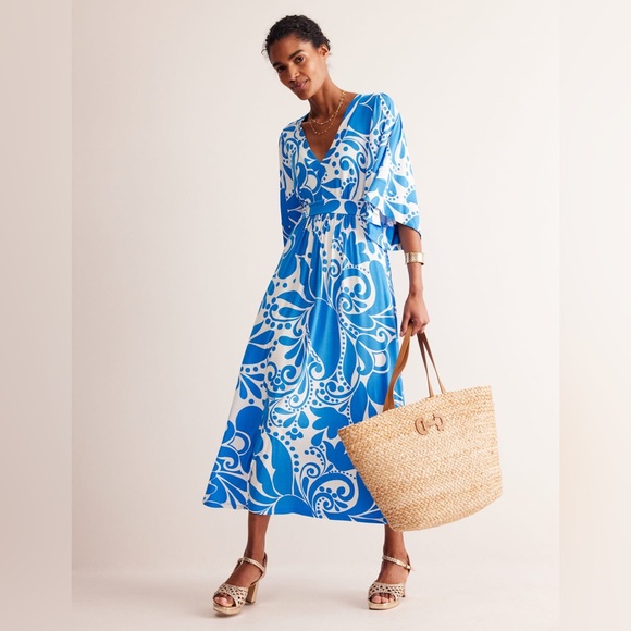 Boden Maya Kimono Jersey Maxi Dress in Indigo Bunting Ripple Swirl - Picture 2 of 14